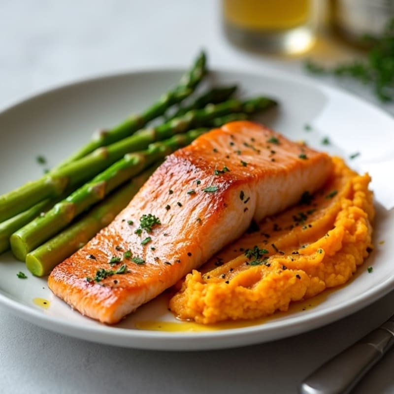 Seared Salmon Fillet with Roasted Asparagus and Sweet Potato Mash