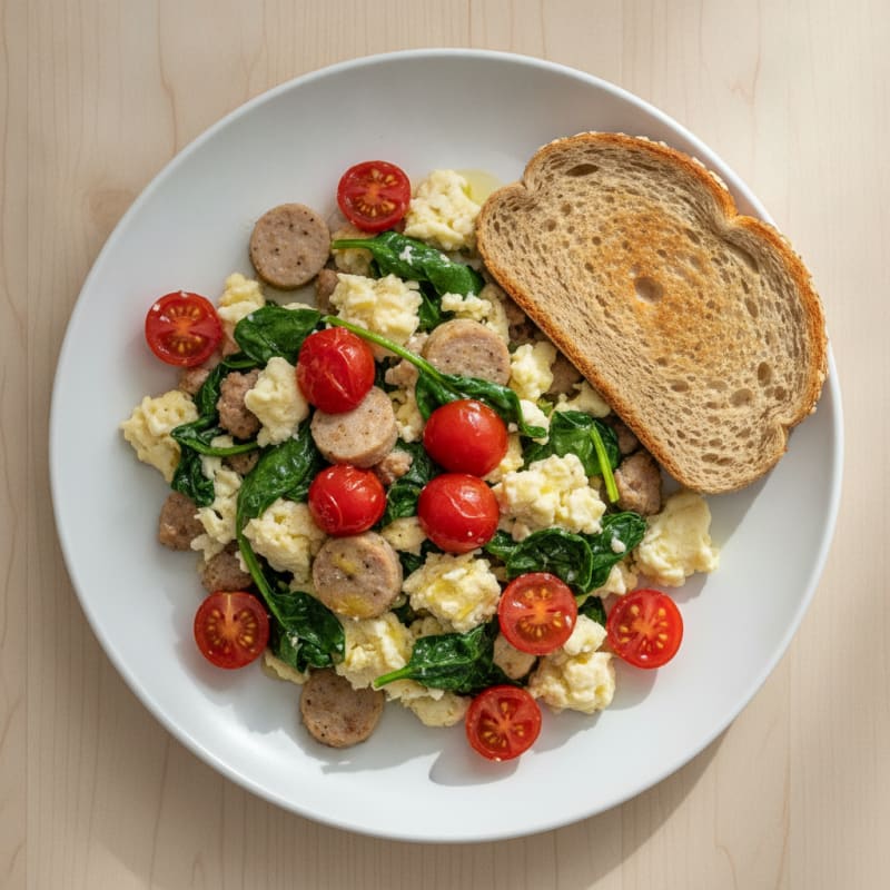 Egg White and Turkey Sausage Scramble with Sautéed Spinach and Cherry Tomatoes