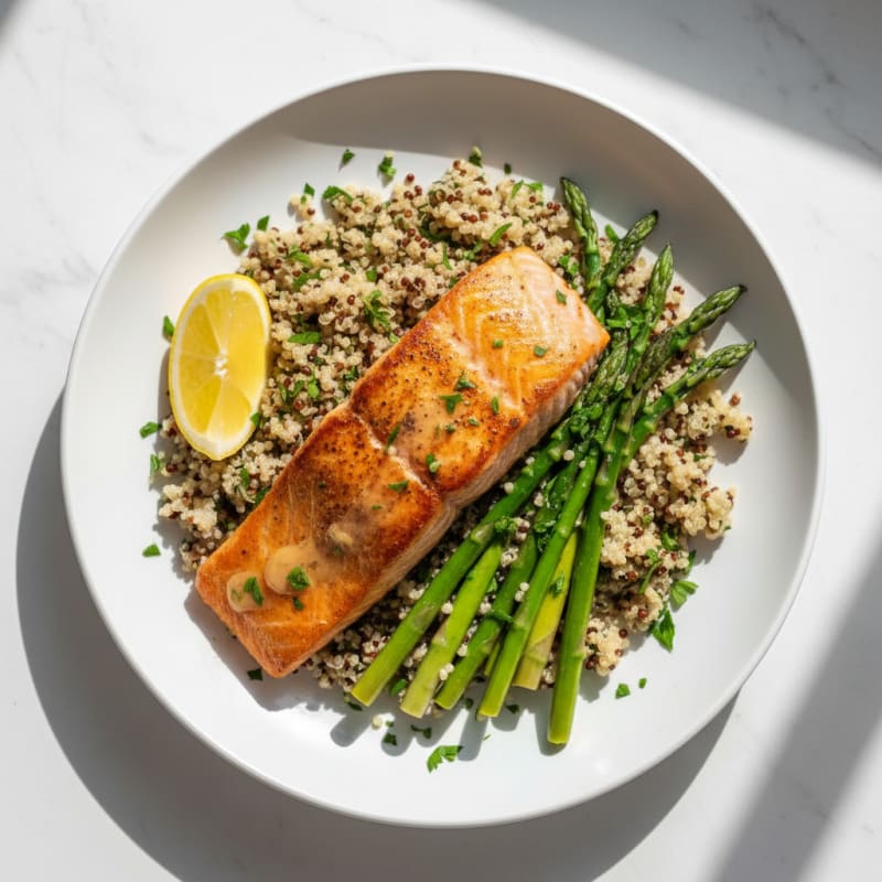 Seared Salmon Fillet with Steamed Asparagus and Herb Quinoa