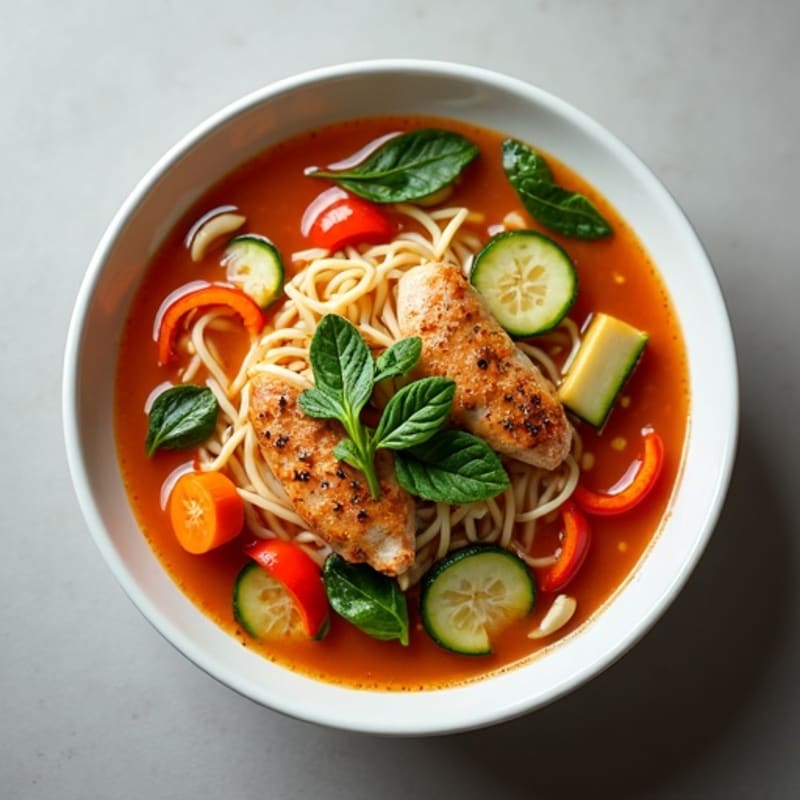 Spicy Sriracha Chicken and Fresh Vegetable Noodle Soup