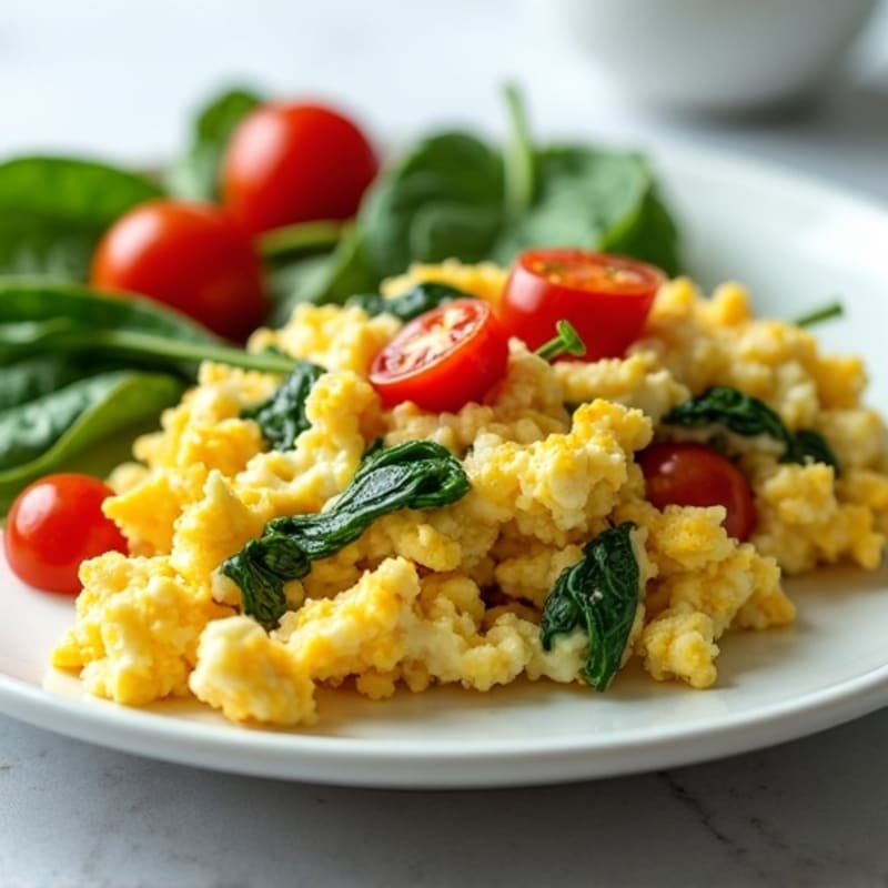 Cottage Cheese Egg Scramble with Spinach and Cherry Tomatoes