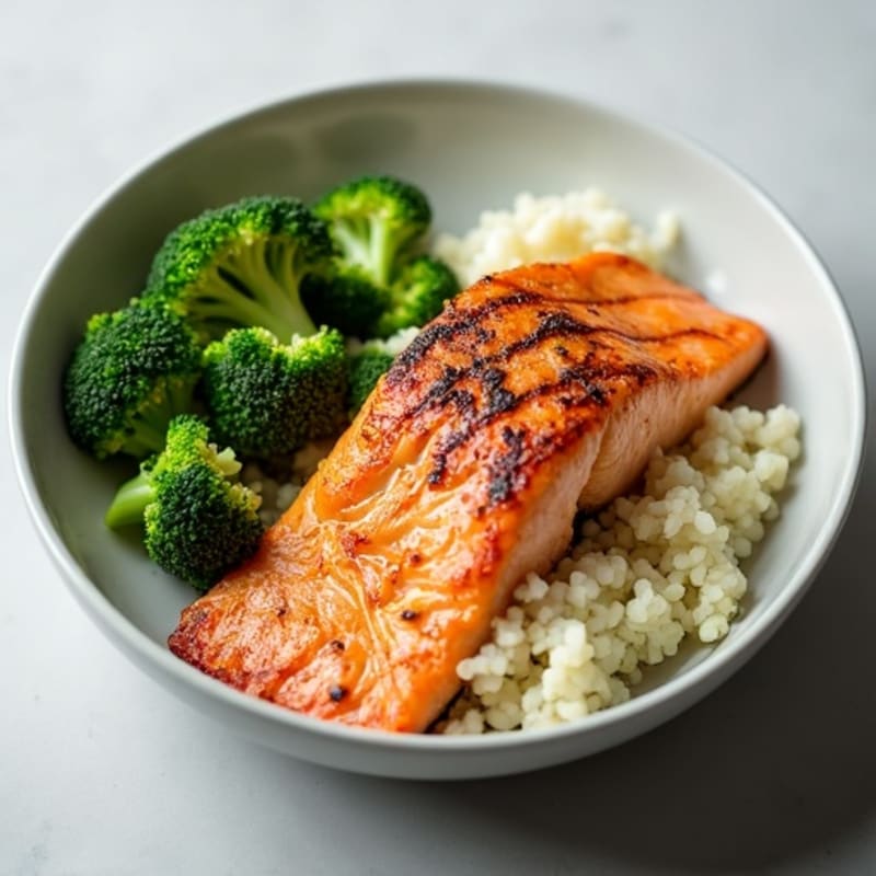 Seared Salmon with Steamed Broccoli and Cauliflower Rice