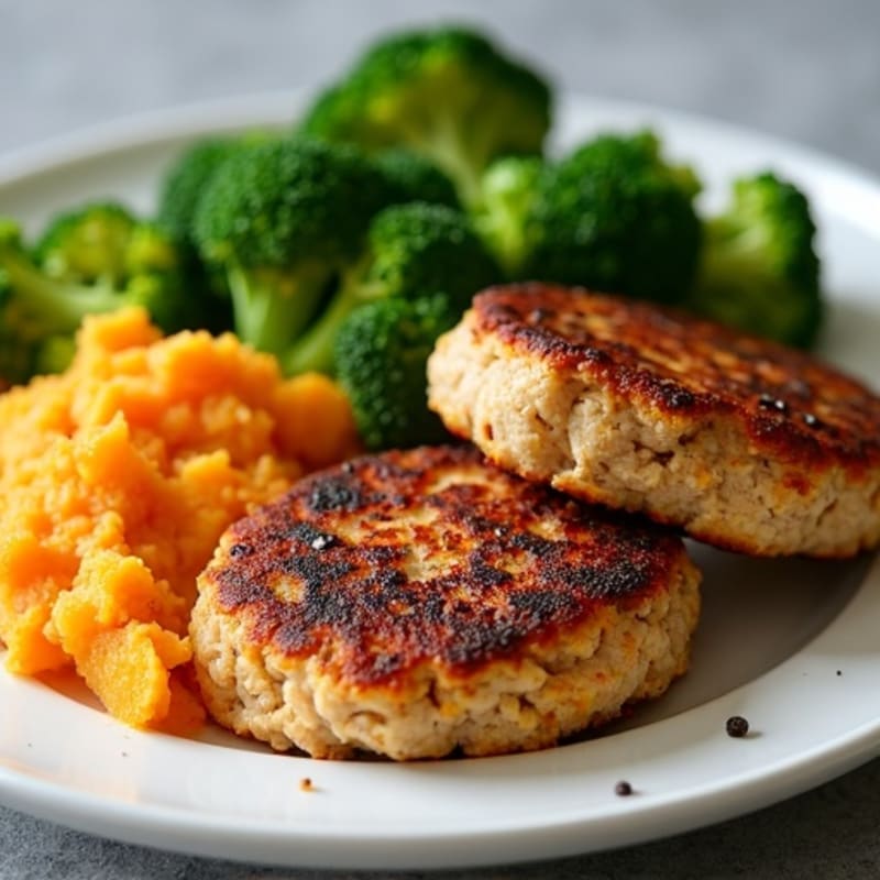 Seared Turkey Patties with Roasted Broccoli and Sweet Potato Mash