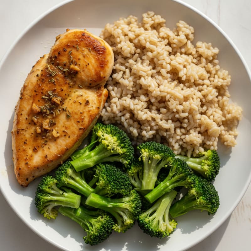 Garlic Herb Chicken Breast with Steamed Broccoli and Brown Rice