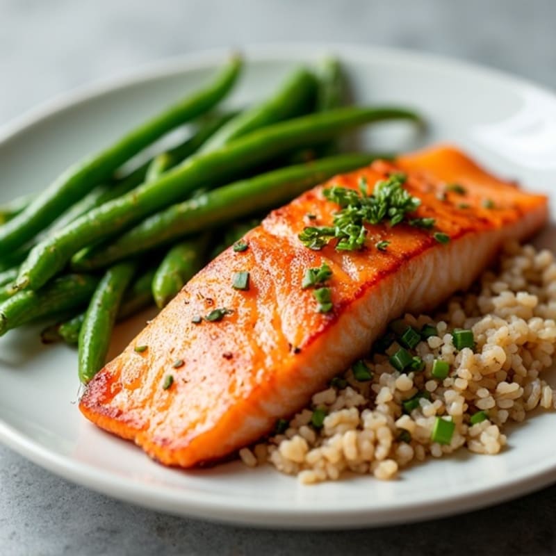 Seared Salmon with Garlic Green Beans and Brown Rice