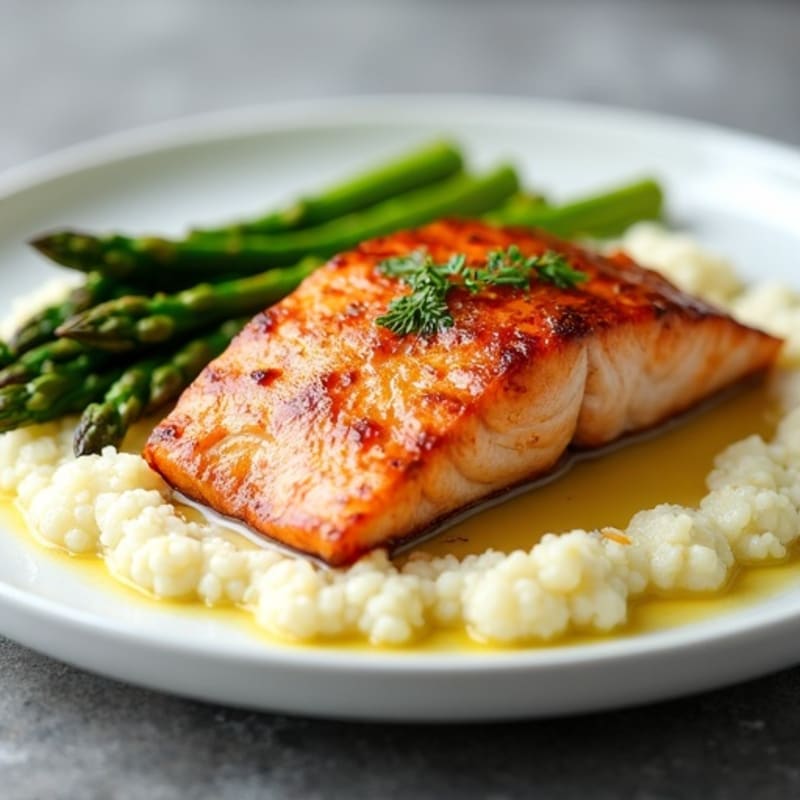 Seared Salmon with Steamed Asparagus and Cauliflower Mash