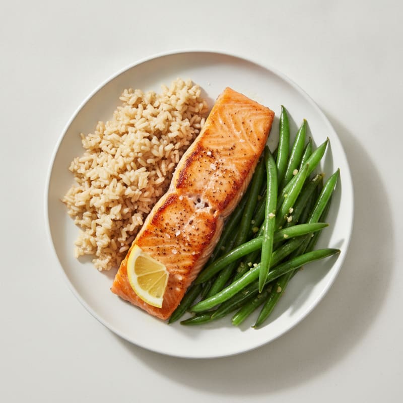 Seared Salmon with Garlic Green Beans and Brown Rice