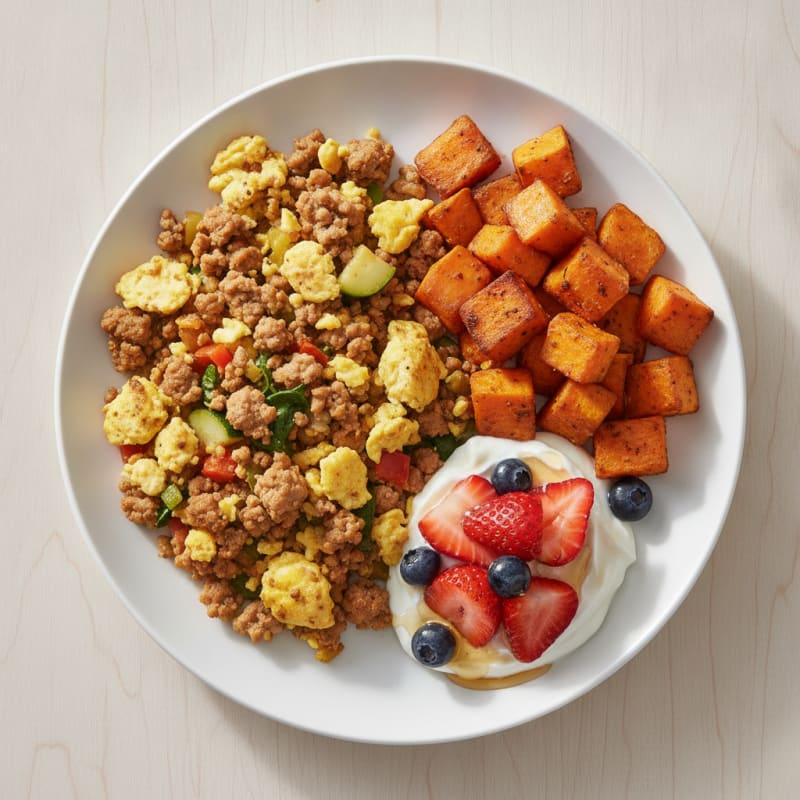 Scrambled Eggs with Lean Ground Turkey and Roasted Sweet Potatoes