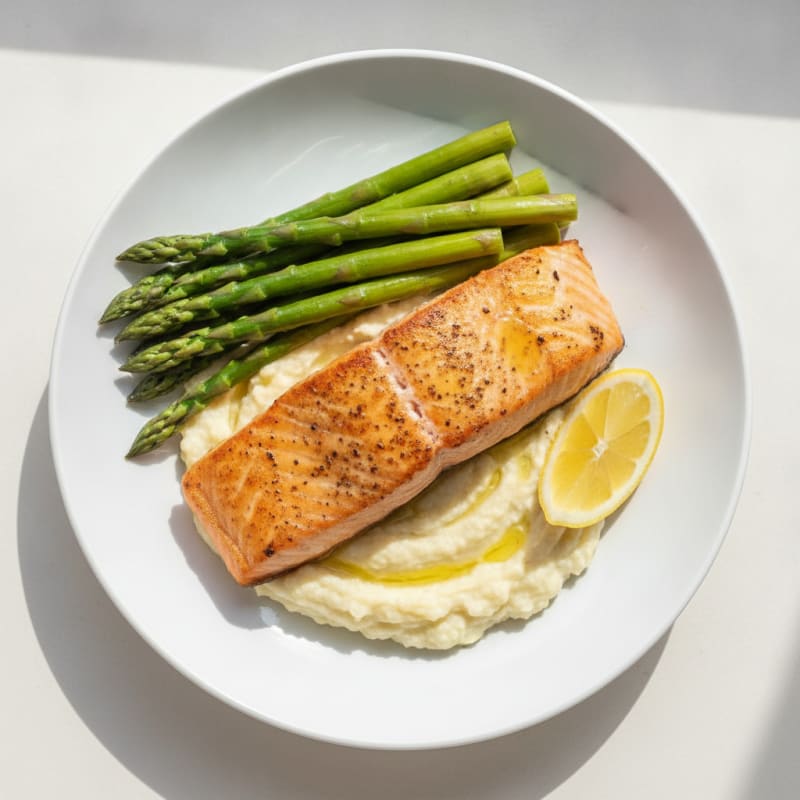 Seared Salmon with Steamed Asparagus and Cauliflower Mash