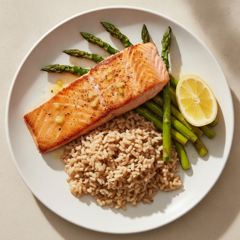 Seared Salmon Fillet with Roasted Asparagus and Brown Rice