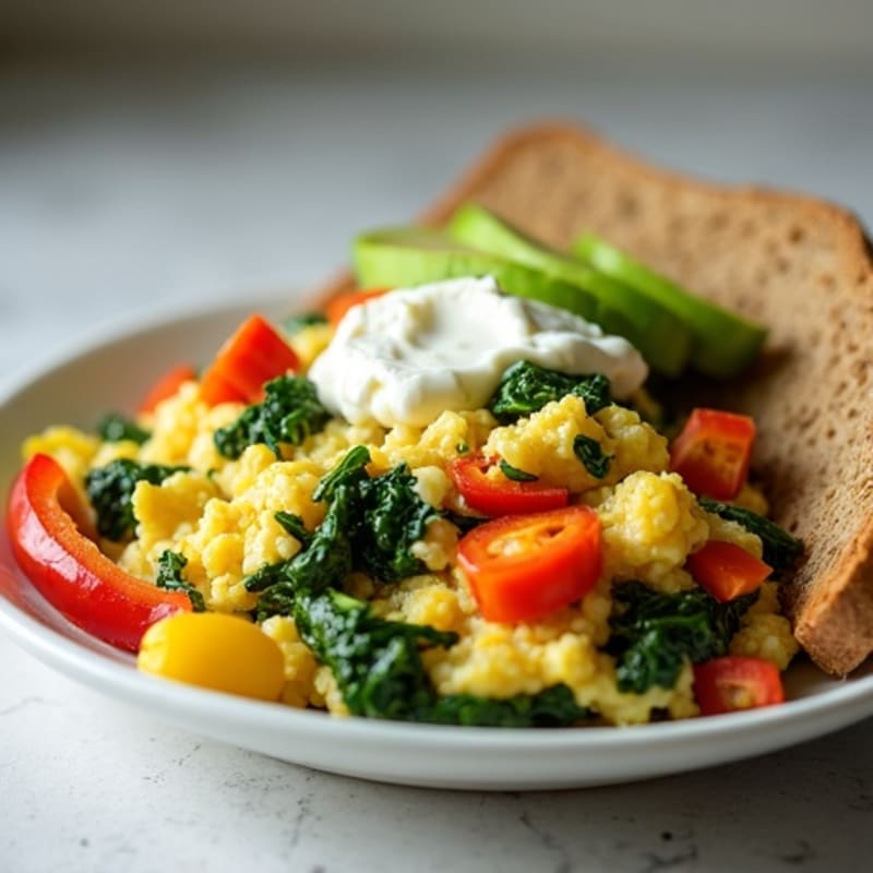 Egg White Veggie Scramble with Cottage Cheese and Fresh Spinach