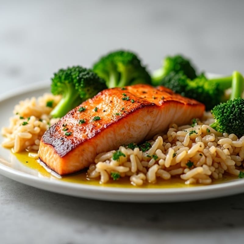 Seared Salmon with Steamed Broccoli and Brown Rice