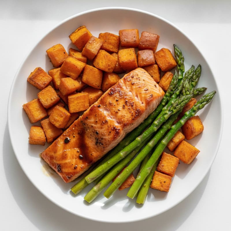 Seared Salmon with Roasted Sweet Potatoes and Asparagus
