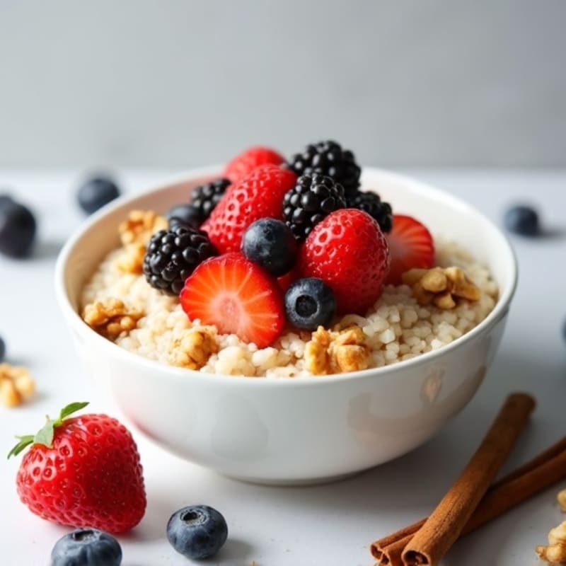 Creamy Protein Rice Porridge with Fresh Berries and Crunchy Walnuts