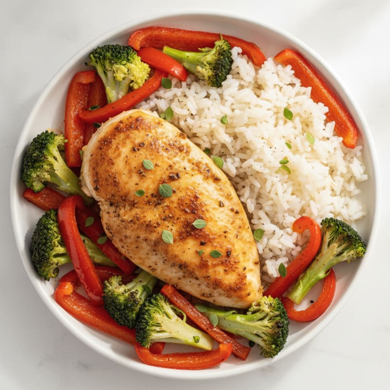 Oven-Baked Herb Chicken with Steamed Rice and Roasted Vegetables
