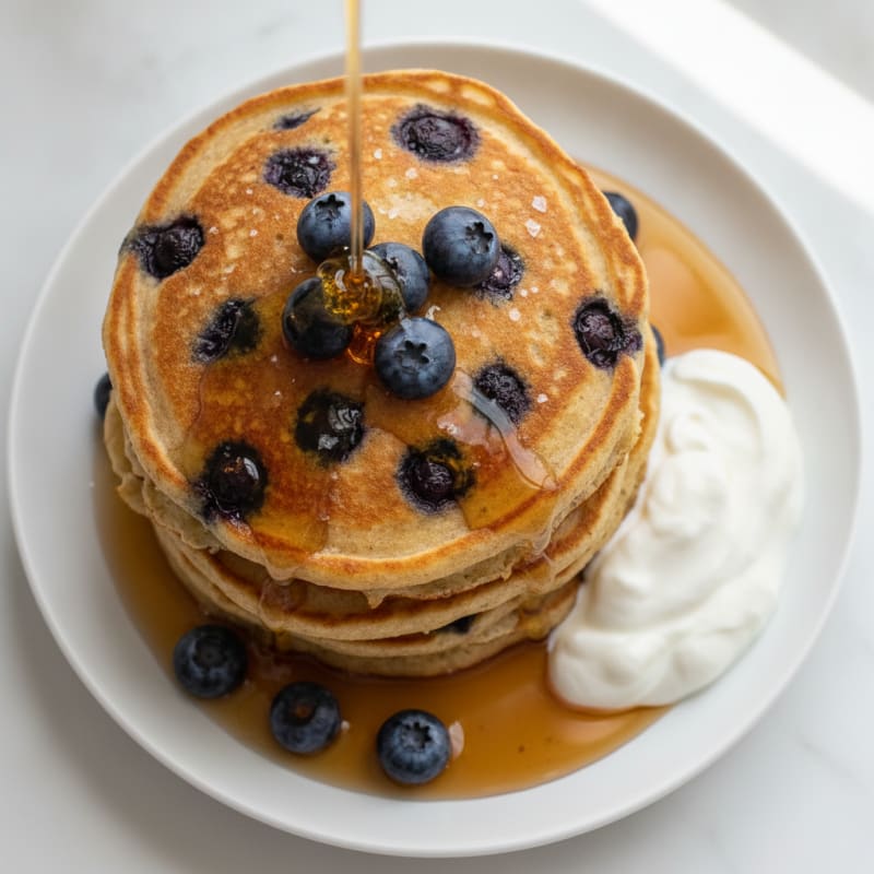 Blueberry Ricotta Pancakes with Maple Syrup