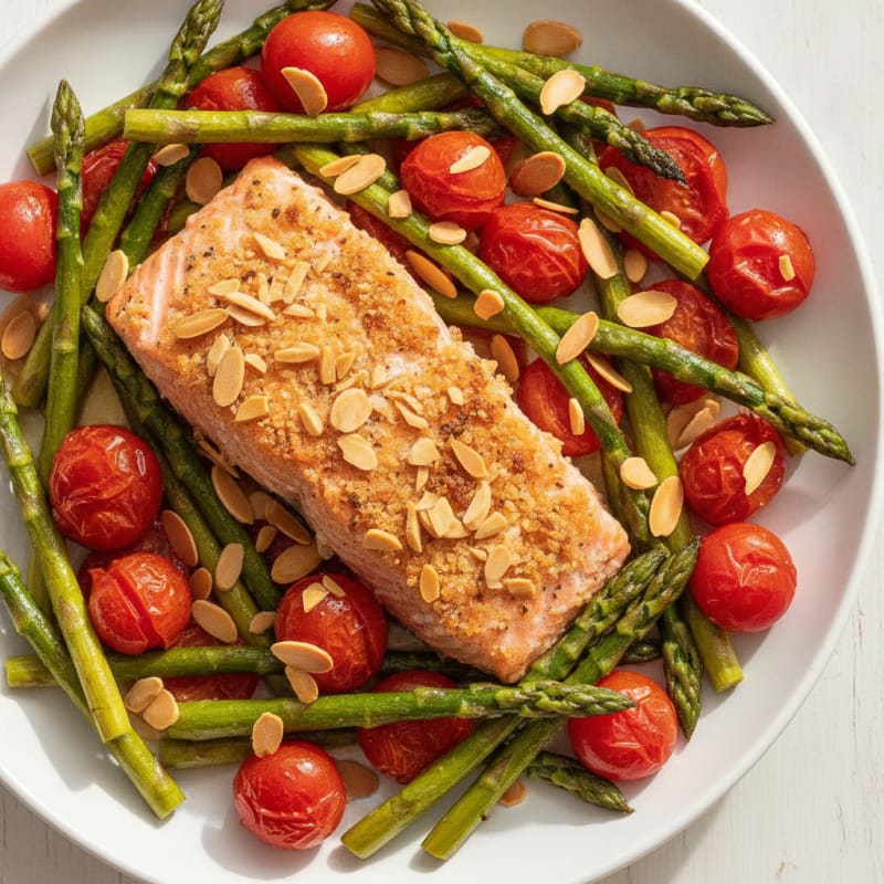 Baked Salmon with Roasted Vegetables and Toasted Almonds