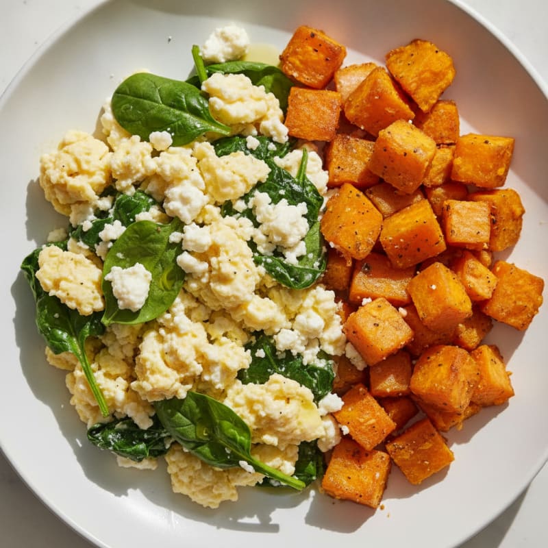 Cottage Cheese and Spinach Egg Scramble with Roasted Sweet Potato