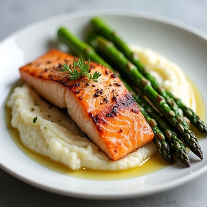 Seared Salmon with Roasted Asparagus and Cauliflower Mash