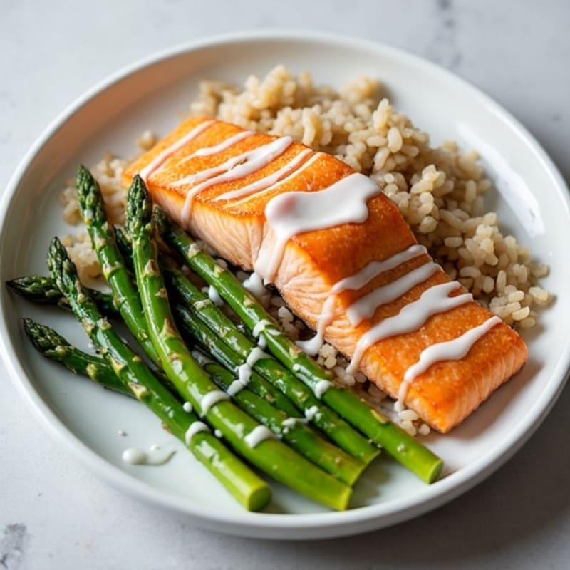 Seared Salmon Fillet with Steamed Asparagus and Brown Rice