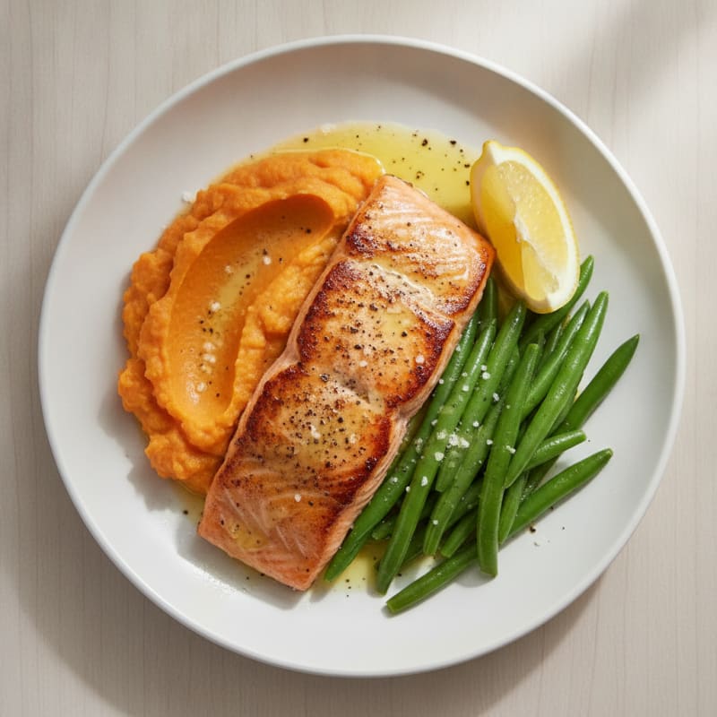 Seared Salmon Fillet with Steamed Green Beans and Sweet Potato Mash