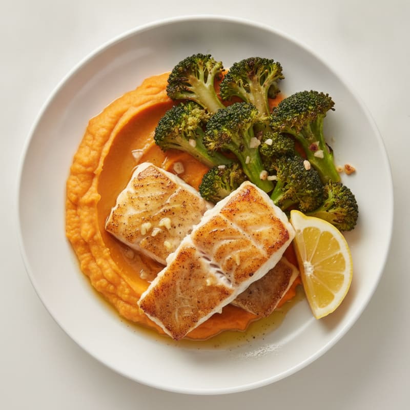 Seared Cod with Roasted Broccoli and Sweet Potato Mash