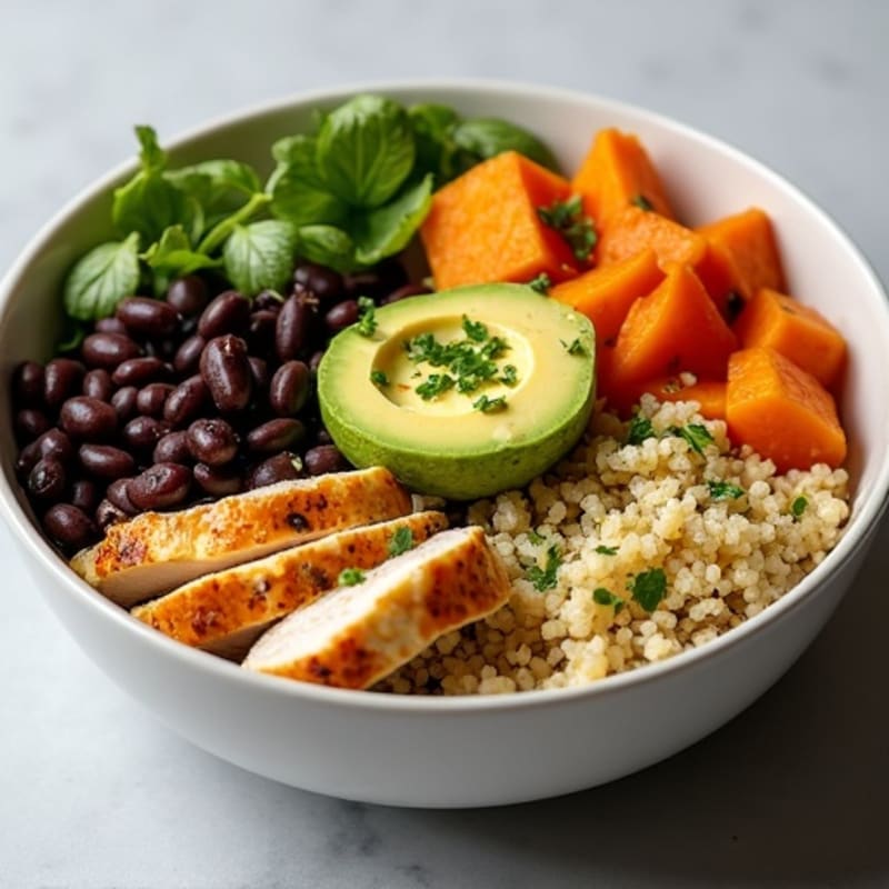 Roasted Sweet Potato and Black Bean Bowl with Creamy Avocado Dressing