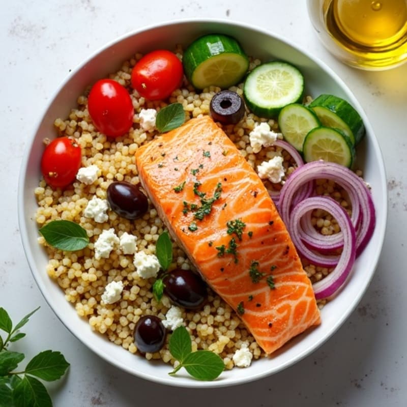 Fresh Mediterranean Salmon Couscous Bowl with Crunchy Vegetables
