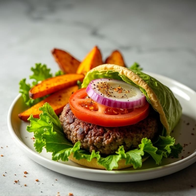 Lettuce-Wrapped Grass-Fed Burger with Crispy Sweet Potato Wedges