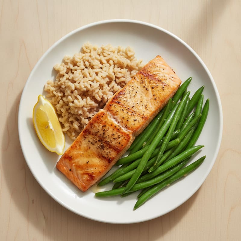 Seared Salmon with Steamed Green Beans and Brown Rice