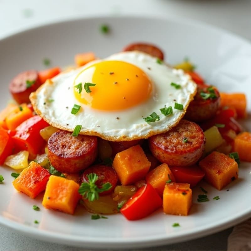 Crispy Sweet Potato and Chicken Sausage Hash with Baked Eggs