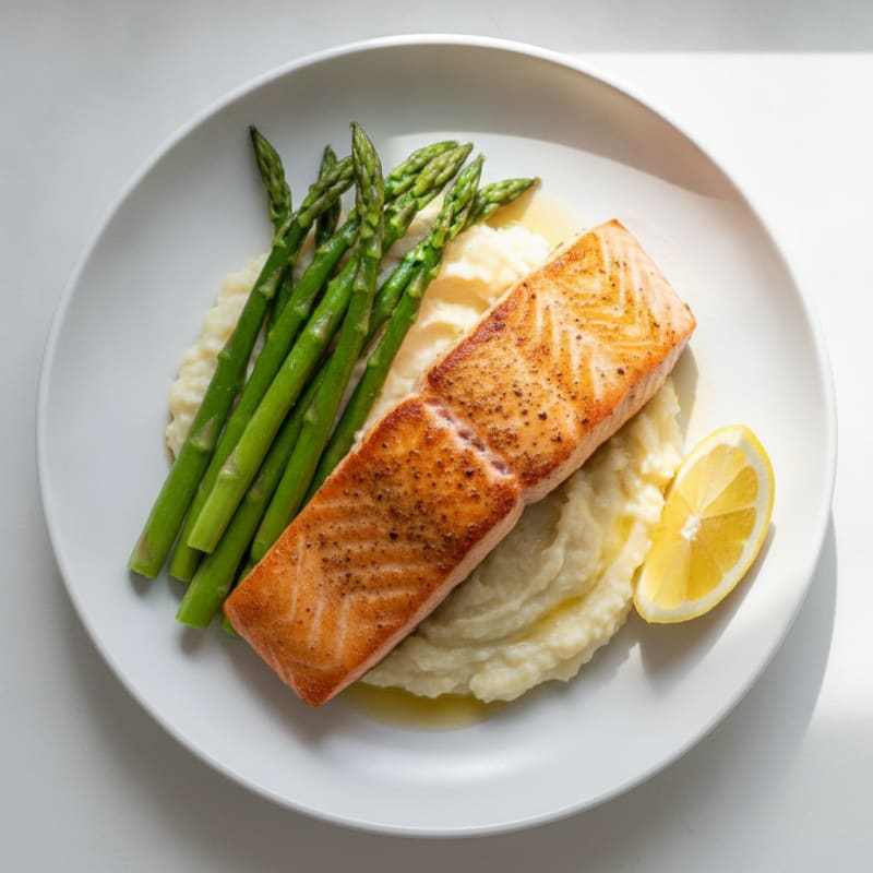 Seared Salmon Filet with Steamed Asparagus and Garlic Cauliflower Mash