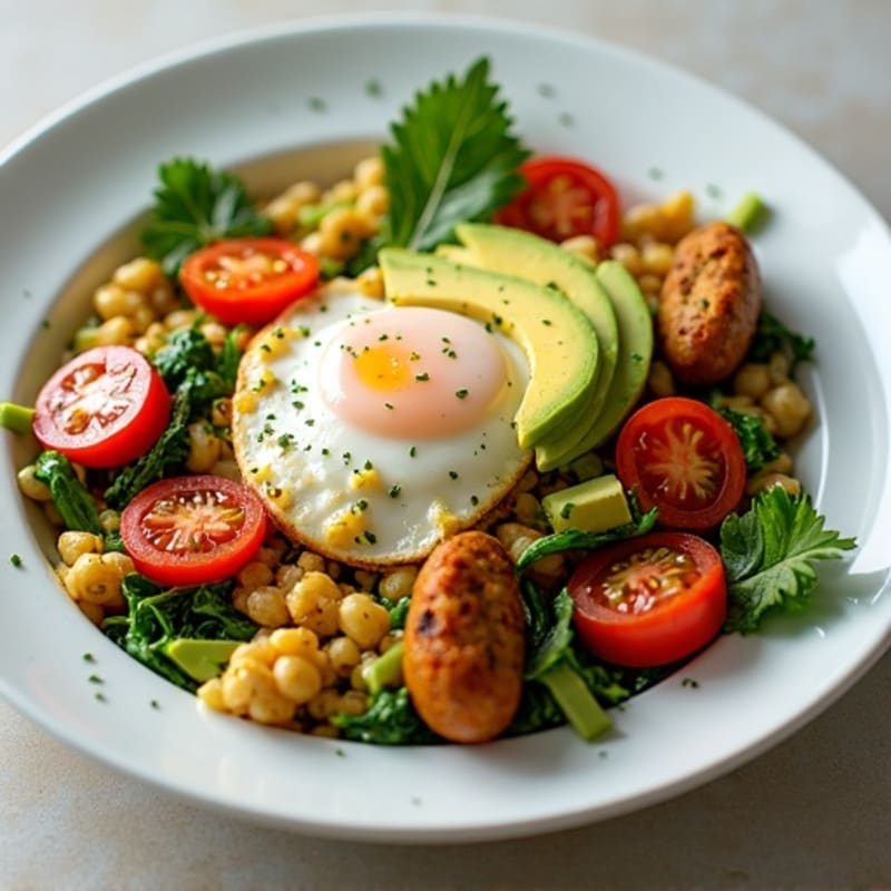 Egg White and Turkey Sausage Scramble with Spinach, Cherry Tomatoes, and Avocado