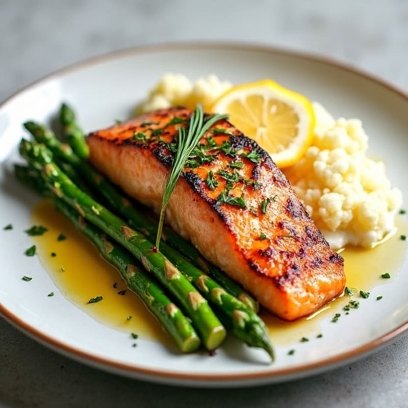 Seared Salmon with Steamed Asparagus and Cauliflower Mash