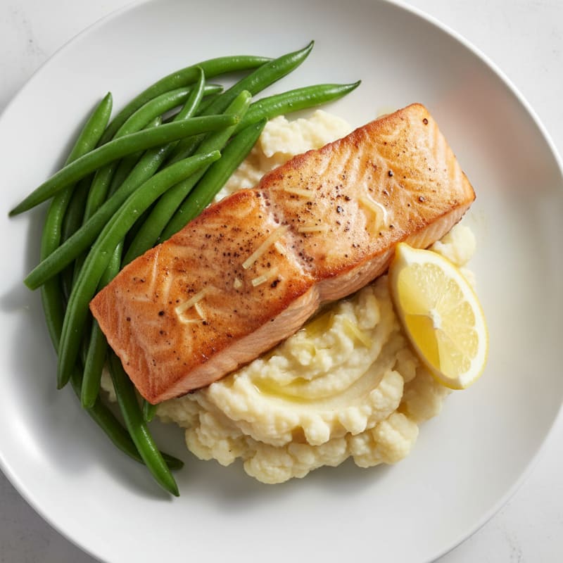 Seared Salmon with Steamed Green Beans and Garlic Mashed Cauliflower