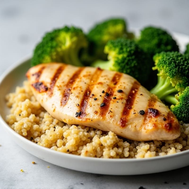 Grilled Lemon Chicken Breast with Quinoa and Steamed Broccoli
