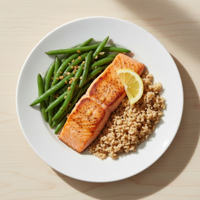 Seared Salmon with Garlic Green Beans and Steamed Brown Rice