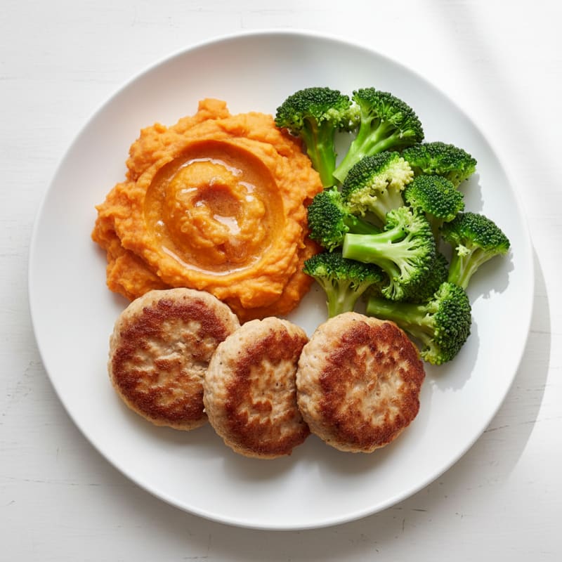 Seared Turkey Patties with Steamed Broccoli and Sweet Potato Mash