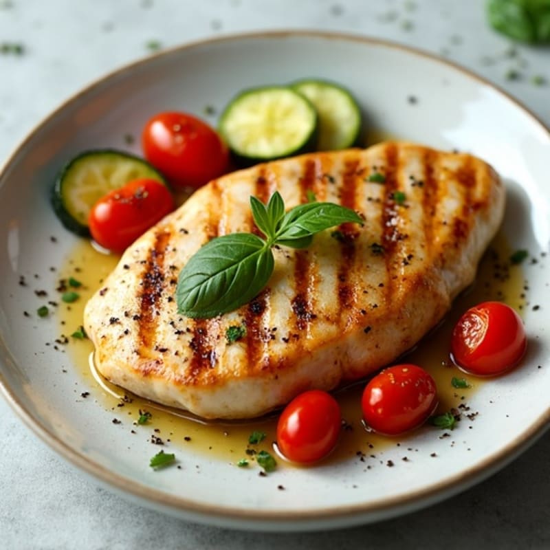Grilled Chicken Breast with Roasted Zucchini and Cherry Tomatoes