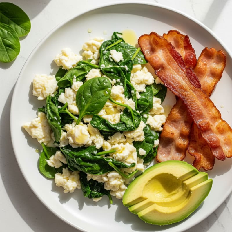Crispy Turkey Bacon and Egg White Scramble with Sautéed Spinach