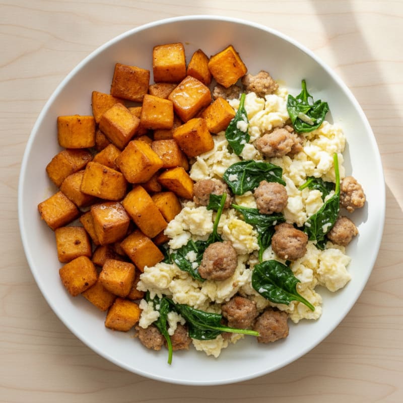 Egg White and Turkey Sausage Scramble with Spinach and Roasted Sweet Potato