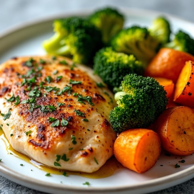 Herb-Roasted Chicken with Crispy Sweet Potatoes and Roasted Broccoli