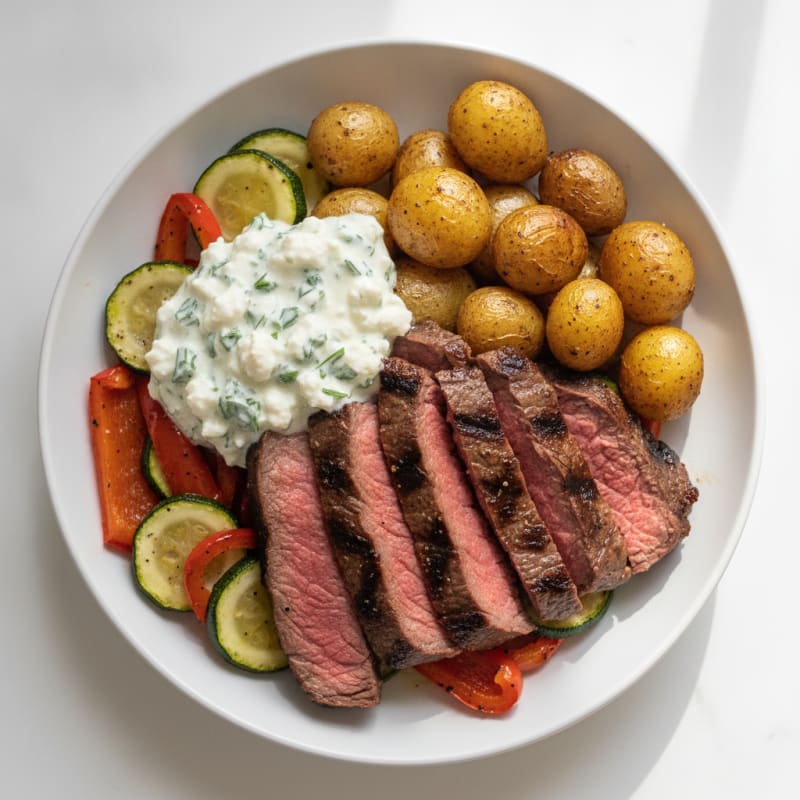 Grilled Beef and Roasted Potato Bowl with Greek Yogurt Herb Sauce