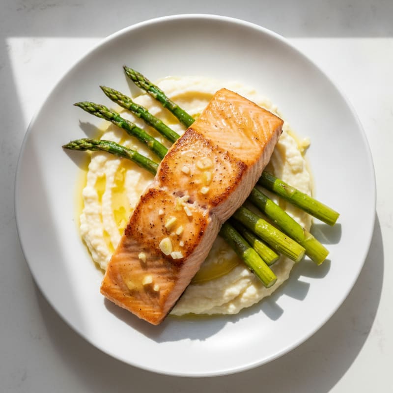 Seared Salmon Fillet with Roasted Asparagus and Cauliflower Mash