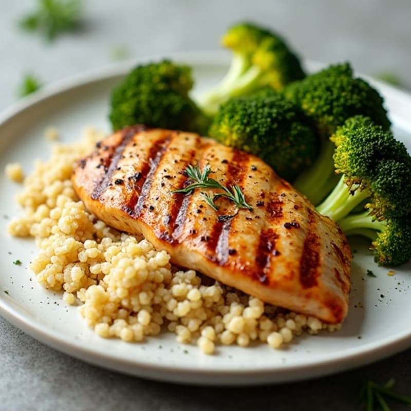 Grilled Chicken Breast with Creamy Quinoa and Roasted Broccoli