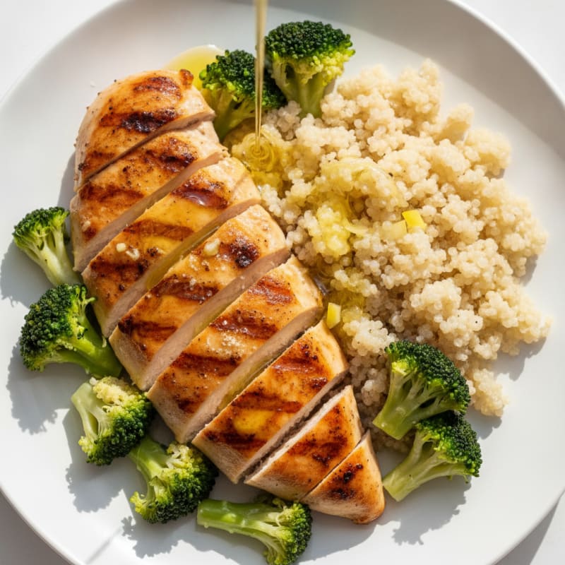 Grilled Chicken Breast with Steamed Broccoli and Quinoa
