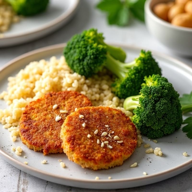 Crispy Baked Seitan Cutlets with Steamed Broccoli and Quinoa