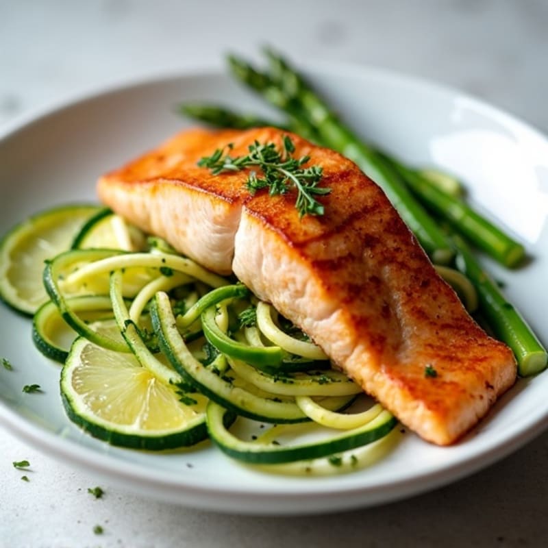 Seared Salmon with Zucchini Noodles and Lemon-Garlic Asparagus