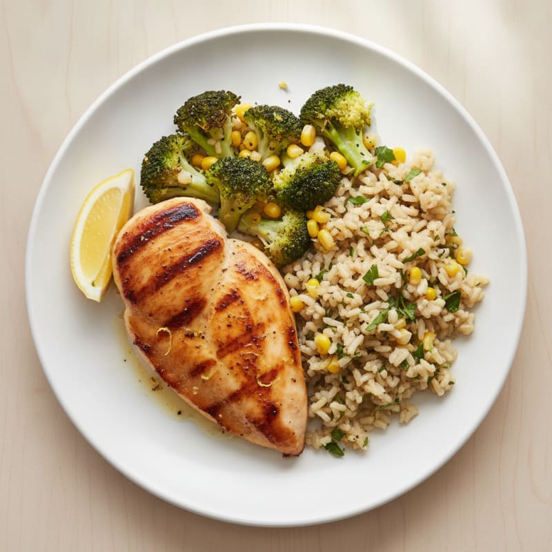 Seared Chicken Breast with Garlic Broccoli and Herb Rice