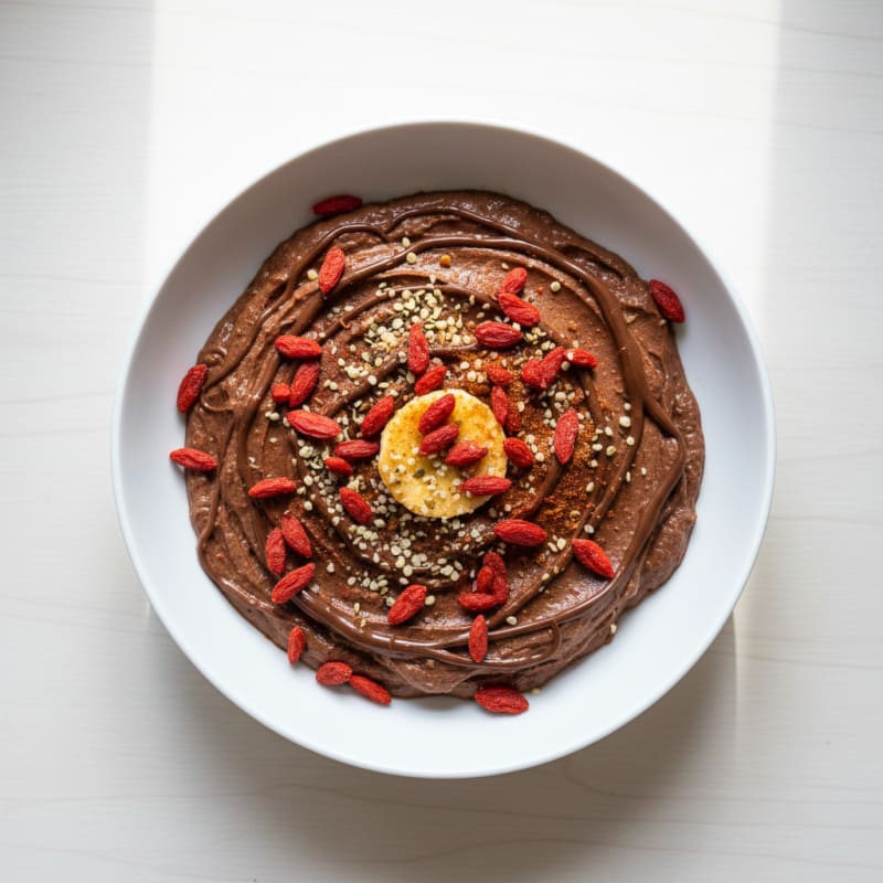 Cocoa Tahini Protein Mousse with Goji Berries and Nuts